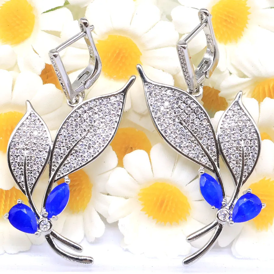 49x26mm SheCrown Fire Rainbow Mystic Topaz Real Red Ruby Real Blue Sapphire Women Wedding CZ Silver plated Dangle Earrings view 5