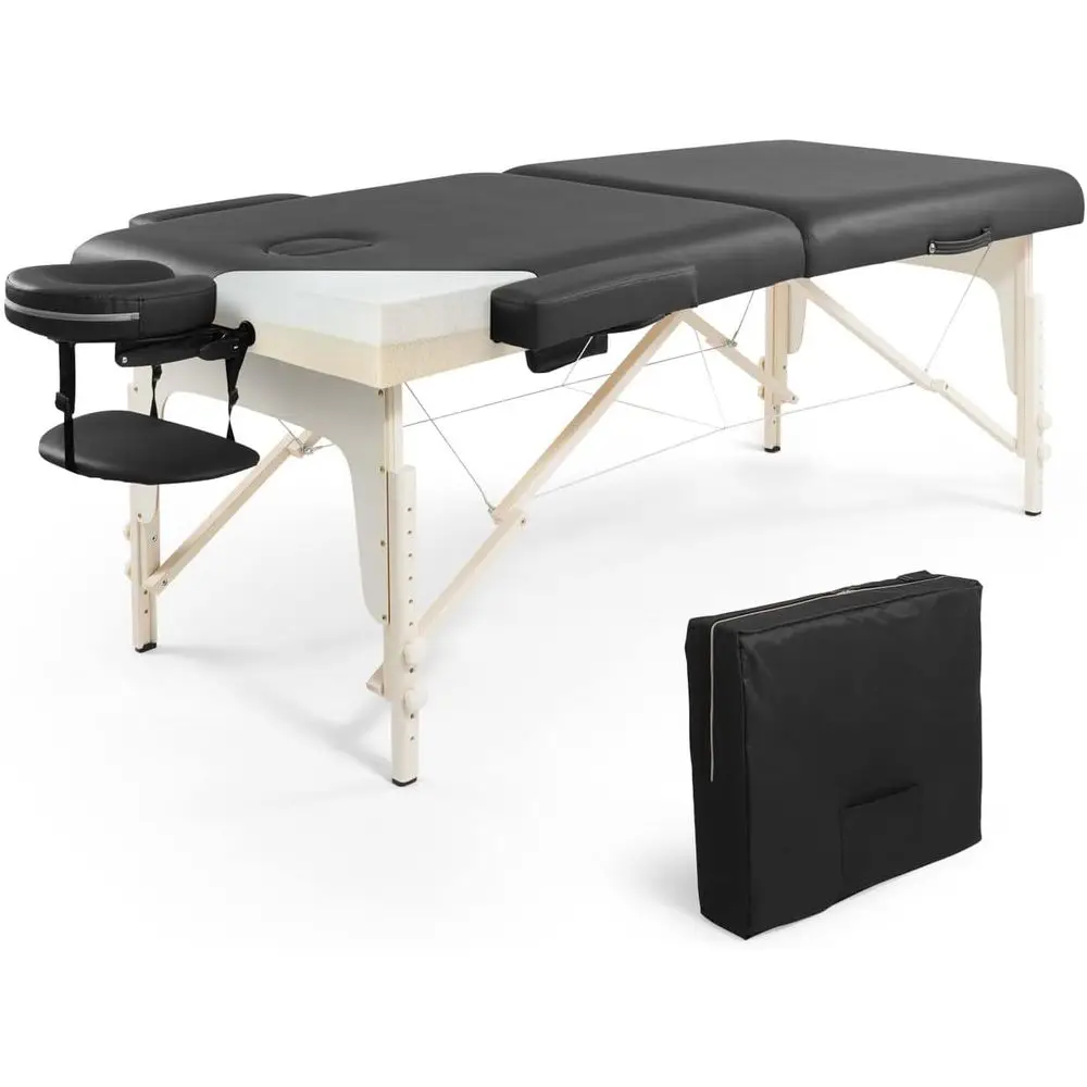 

84 Height-Adjustable Portable Massage Table with Facial Cradle, Wooden Legs, Carry Case, 32 Wide, Black
