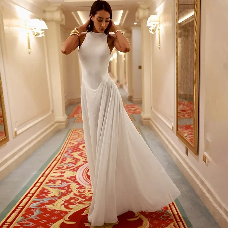 ผู้หญิงเซ็กซี่โลหะหัวเข็มขัดBackless Patchwork Sheerตาข่ายMaxiชุดแขนกุดClub Party Long Robe Holiday Beachชุด