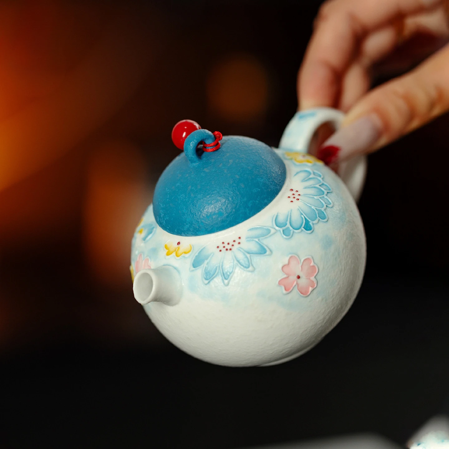 160ml Frosted Blue Hand-painted Flower Sleep Teapot Japanese Tea Infuser Pot Tea Maker Kettle With Filter Teaware Ornaments Gift