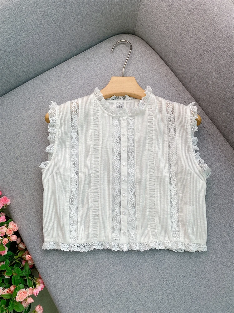 

Ретро-американская белая блузка с кружевной отделкой и воротником-стойкой, короткая, с плиссировкой, женский топ класса люкс, летний, для фигуры типа «груша»