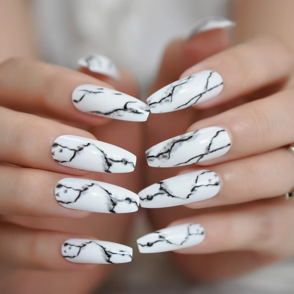 Handmade Marble Nails White Long Salon Coffin Nails Black Stone seam Shine Fake Nails Ballerina Shape with Glue stickers