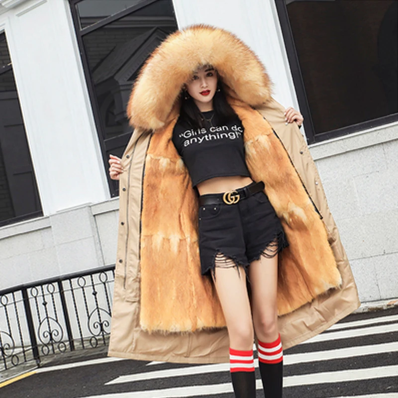 Natural Mink Fur Forro Parka para Mulheres, Colarinho De Pele De Guaxinim, Casaco De Pele Real, Casaco De Inverno, Punhos De Capuz Destacáveis, Streetwear Impermeável