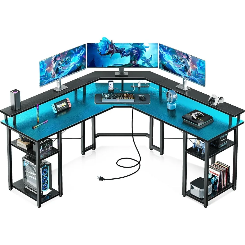 

L Shaped Gaming Desk with LED Lights & Power Outlets, Reversible 56" Computer Desk with Full Monitor Stand & Storage Shelves