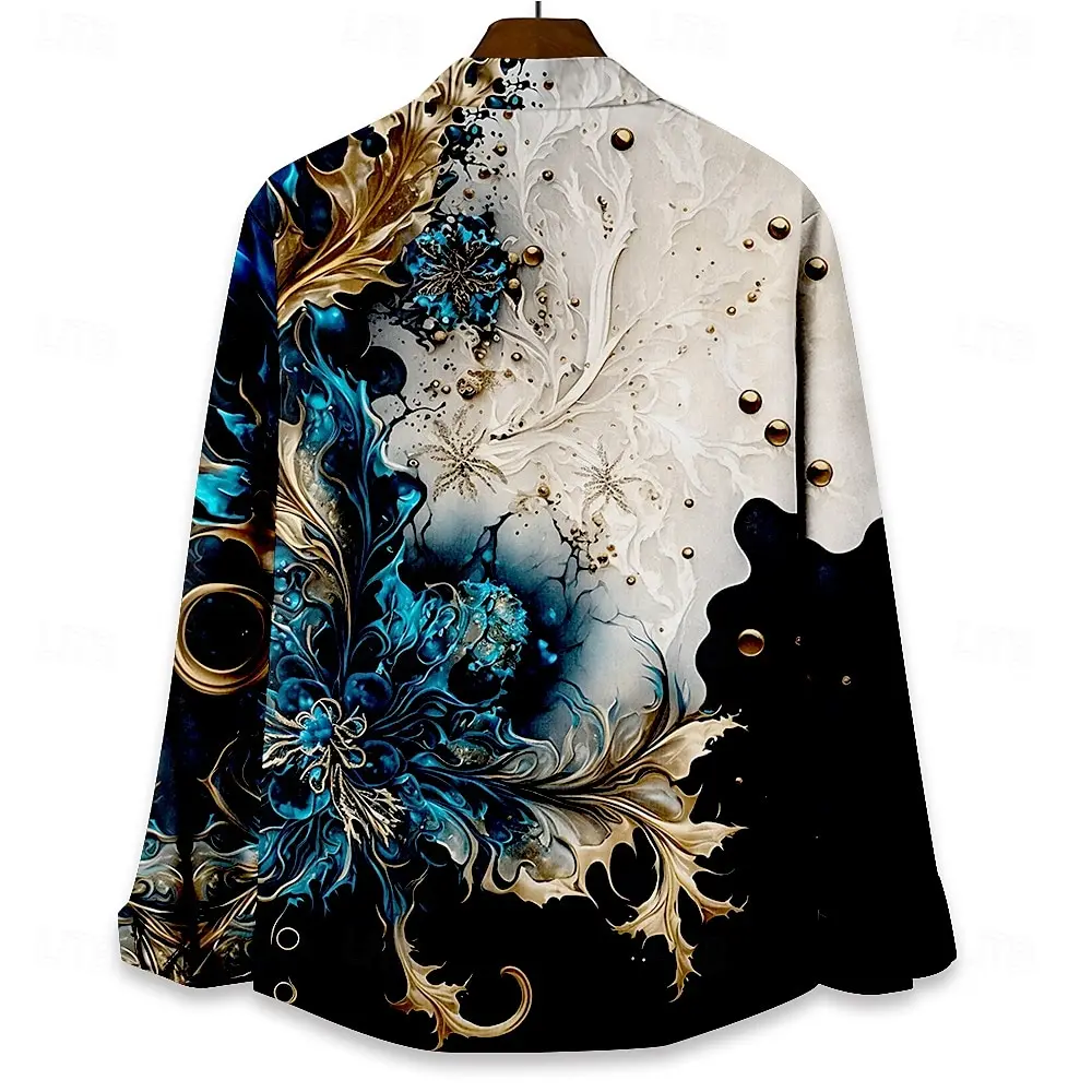 Casual long sleeved high-end shirt top printed street party social fashion 2024 men's shirt deep sea blue free beauty