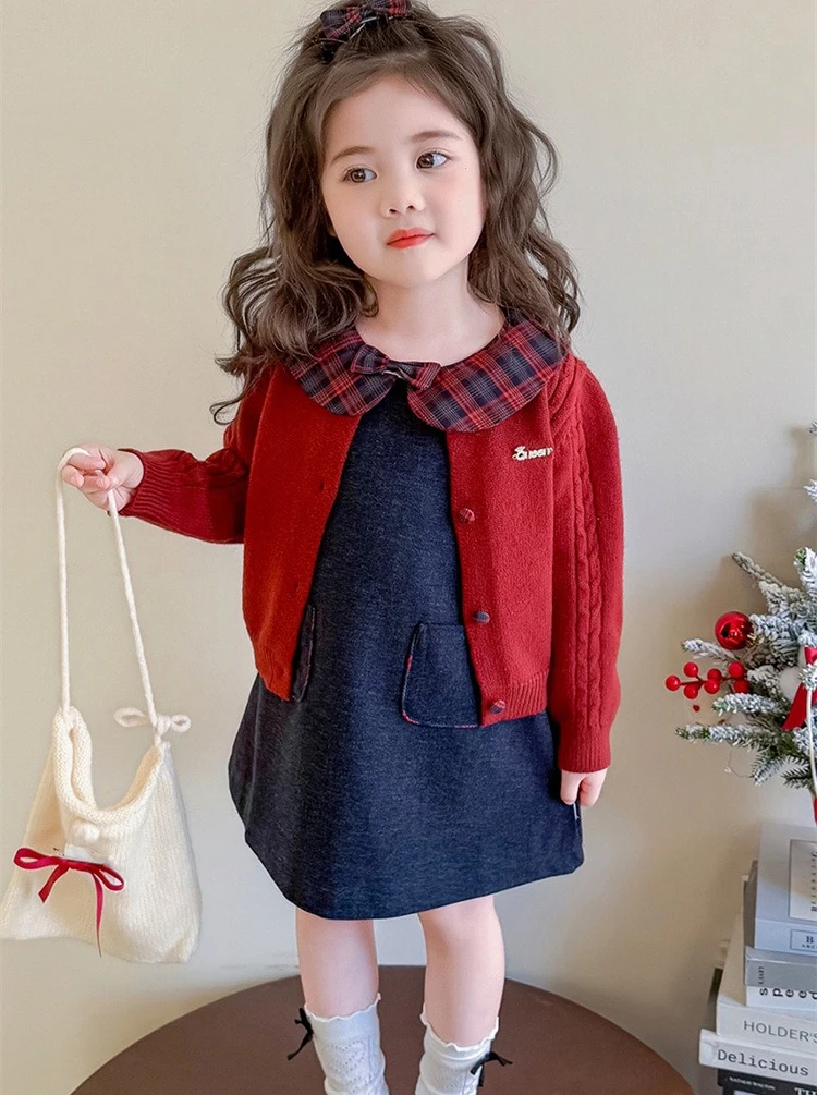 Girls Set Baby Girl Stylish Knitted Cardigan Princess Peter Pan Collar Dress Two Piece Set 2025 Spring Autumn New