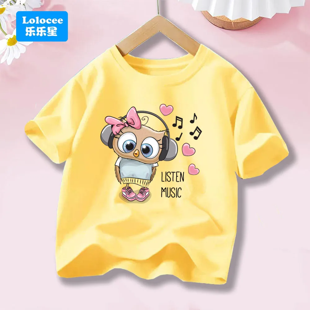 Cartoon Music Owl Print T Shirt Girls' Kawaii Graphic Shirts Casual Short Sleeved Kids Tee O-neck Harajuku T-shirts MTYYY1