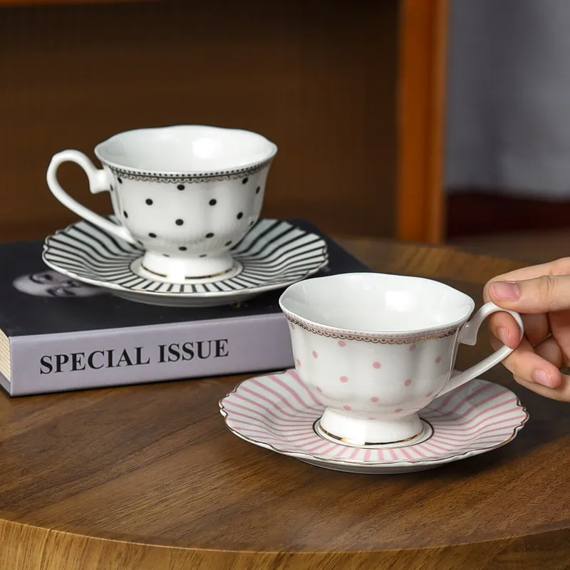 Wave Point Ceramic Coffee Cup and Dish Set Creative Stripe Pattern Light Luxury Exquisite Office Flower Cup with Handle Plate