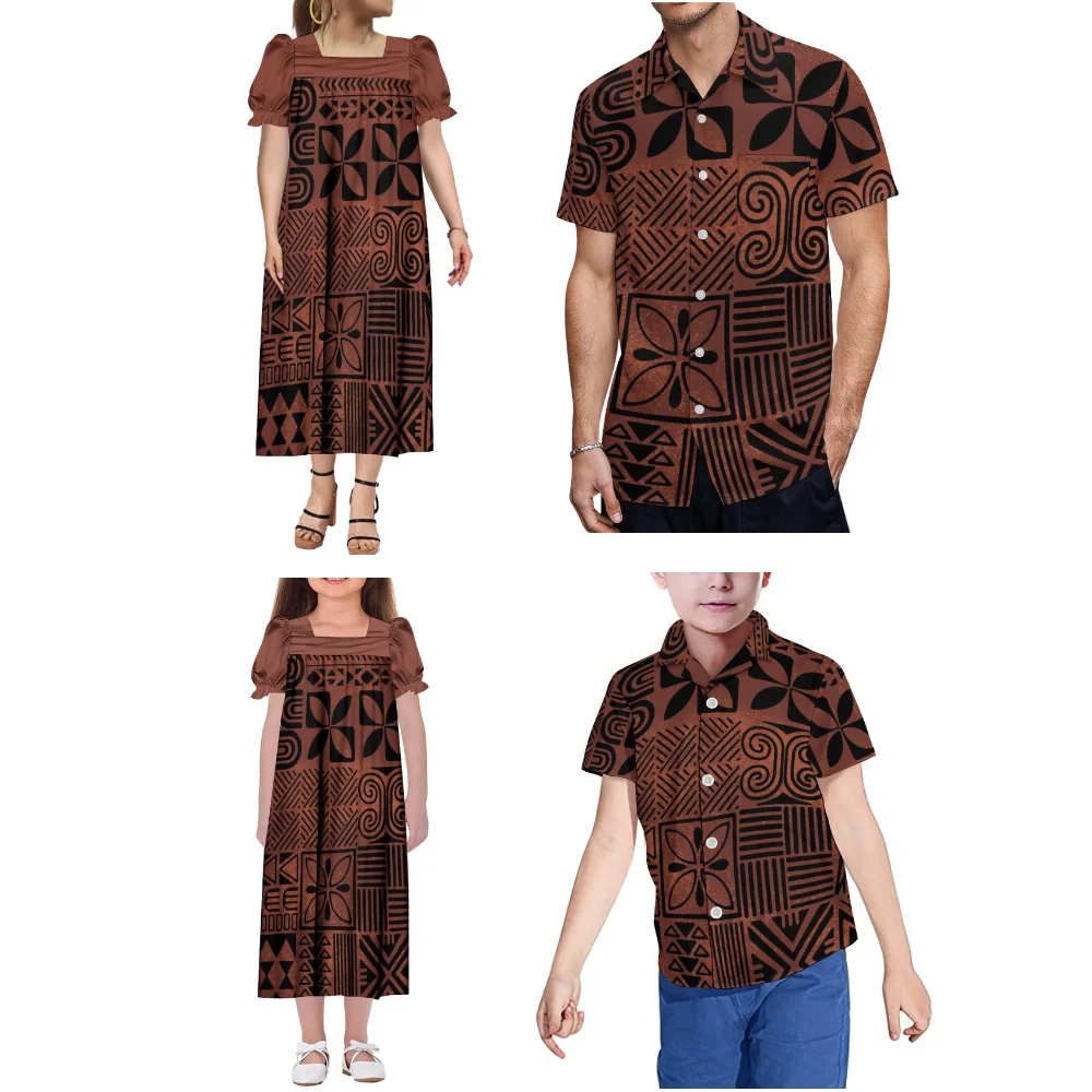 Custom-Made Daily Family Clothing Polynesian Traditional Printed Mumu Skirts For Mom And Daughter Pocket Shirts For Dad And Son