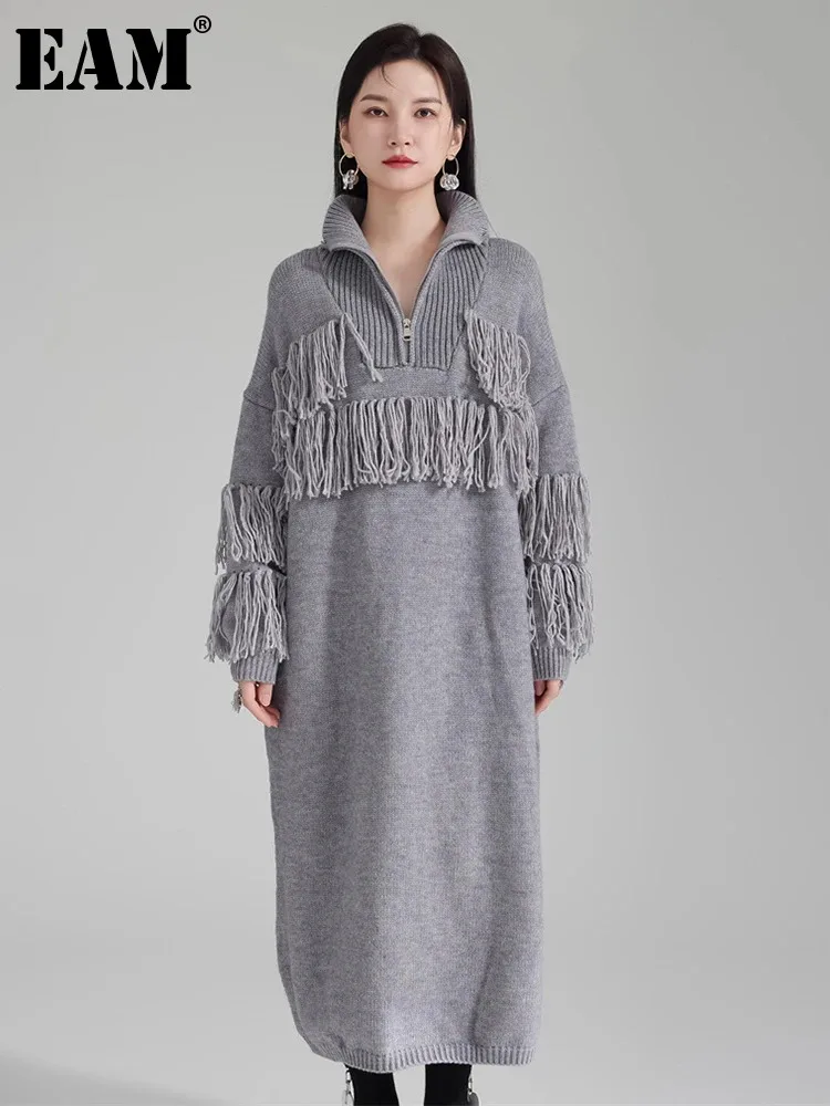 

[EAM] Women Gray Big Size Tassels Knitting Dress New Turtleneck Long Sleeve Loose Fit Fashion Tide Spring Autumn 2024 1DH3150