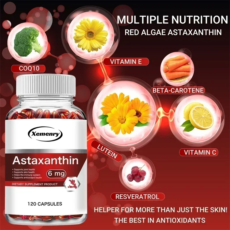 مكملات أستازانتين 6 ملغ - مضادة للأكسدة، تعزز صحة القلب والأوعية الدموية وتسريع عملية التمثيل الغذائي والدماغ وصحة المفاصل والقلب