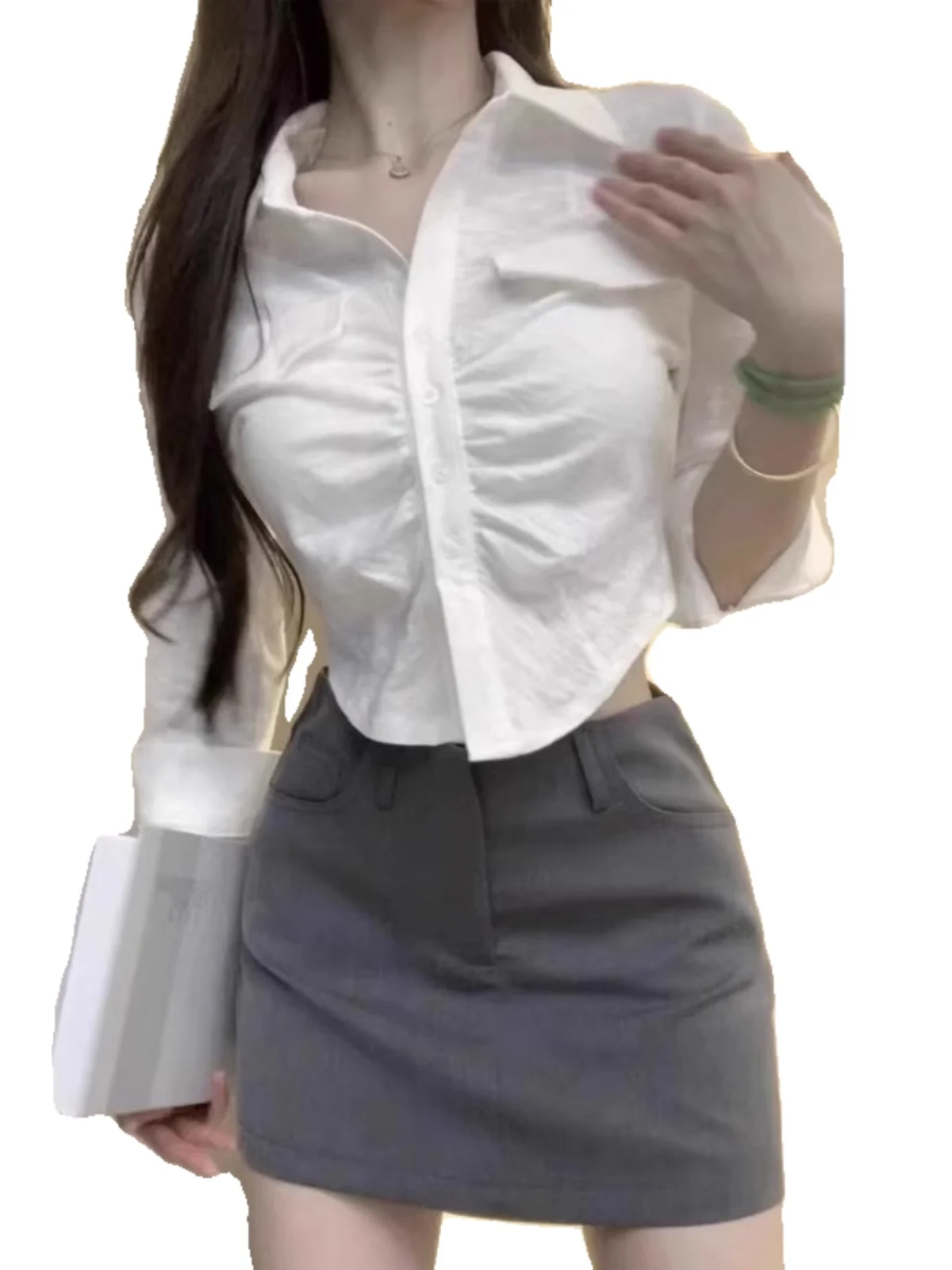 

Ele White irt Women's Long Sve Spring Autumn 2025 New Unique ort Waist-Cinching Belly-Baring Faionable Base irt