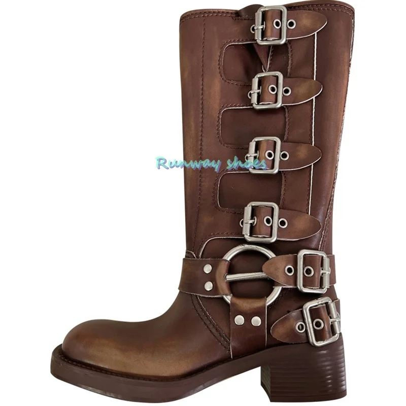 

Belt Buckle Decorate Heels Knight Boots Square Head Versatile High-Soled Boots