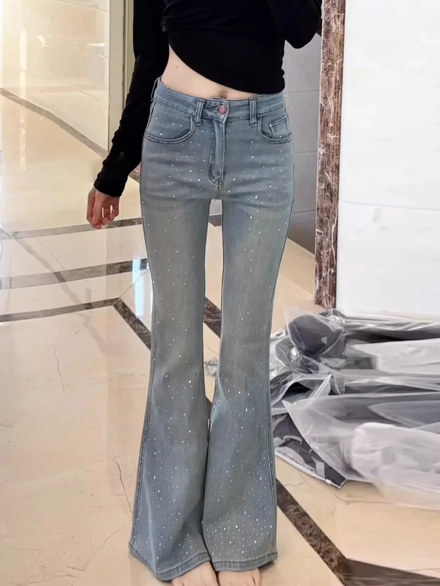 

High Waist Fce Lined Flared Jeans Women's Stretch Slim Fit Straight Leg Bell Bot Denim Pants Casual Sle Autumn Winter