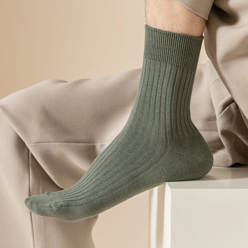 

Men's Solid Color Vertical Striped Middle Tube Socks Spring Summer Sweat absorbing Breathable Cotton Socks Simple Business Socks