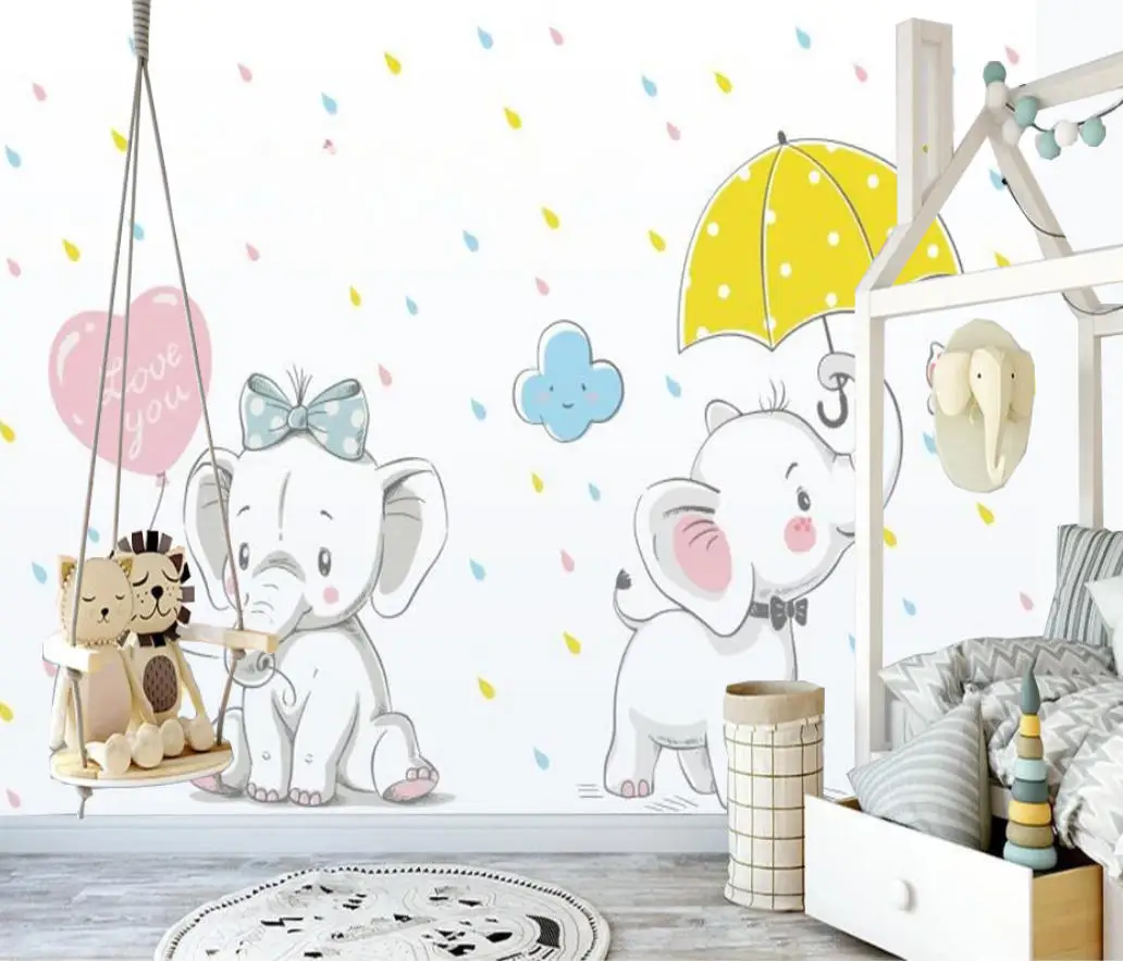 Custom wallpaper cute cartoon pink elephant star moon hot air balloon children background wall decoration 3d wallpaper Painting