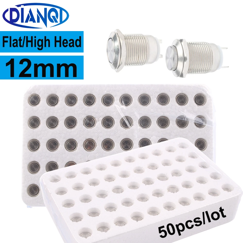 

50pcs/pack 12mm Flat/High Head Metal Push Button Waterproof Nickel Plated Brass Press Button 1NO Momentary Reset No Fixed No LED