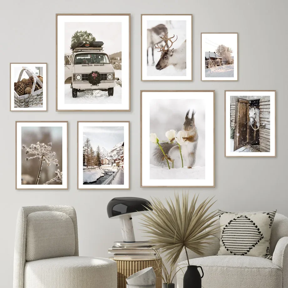 Scandinavian Classic Vintage Wall Art Christmas Deer Squirrels Horses Snowflakes Poster Prints Home Bedroom Living Room Decor