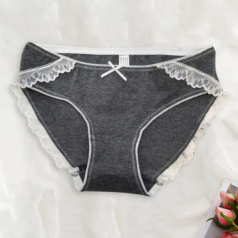 

Mid Waist Elegant Lace Bow Decor Women's Underpants With Mid Waist Great Breathability High Elasticity For Wear Sleep Lady