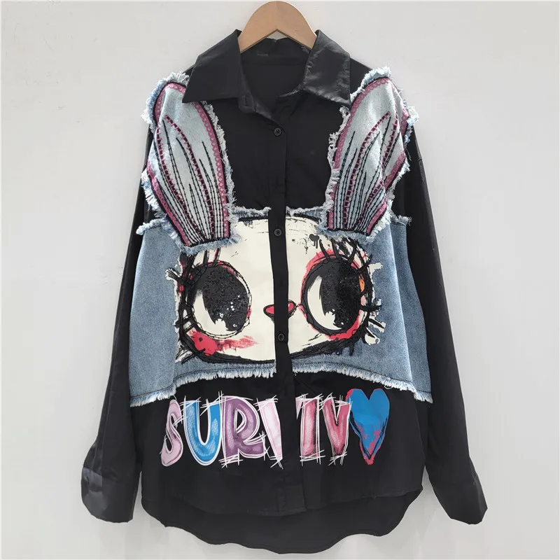 2025 Autumn New Korean Fashion Loose Turn-Down Collar Long Sleeve Shirt for Women Design Sense Denim Patchwork Cartoon Shirt