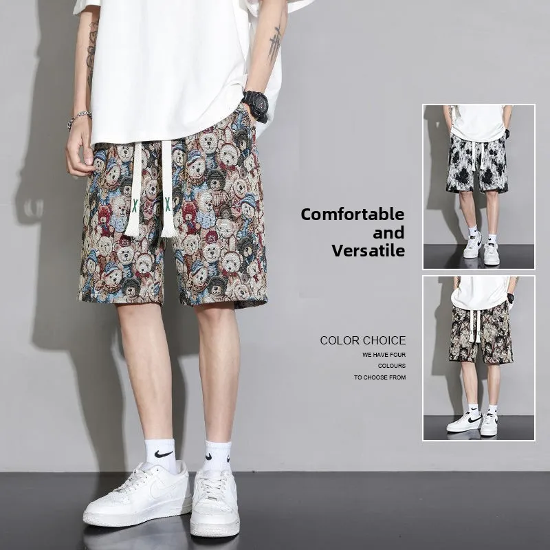 

Ice Silk Men's Casual orts Elastic Loose Print Sports Five-Quarter Length Trendy Large Size Comfortable mid Waist Youth Summer