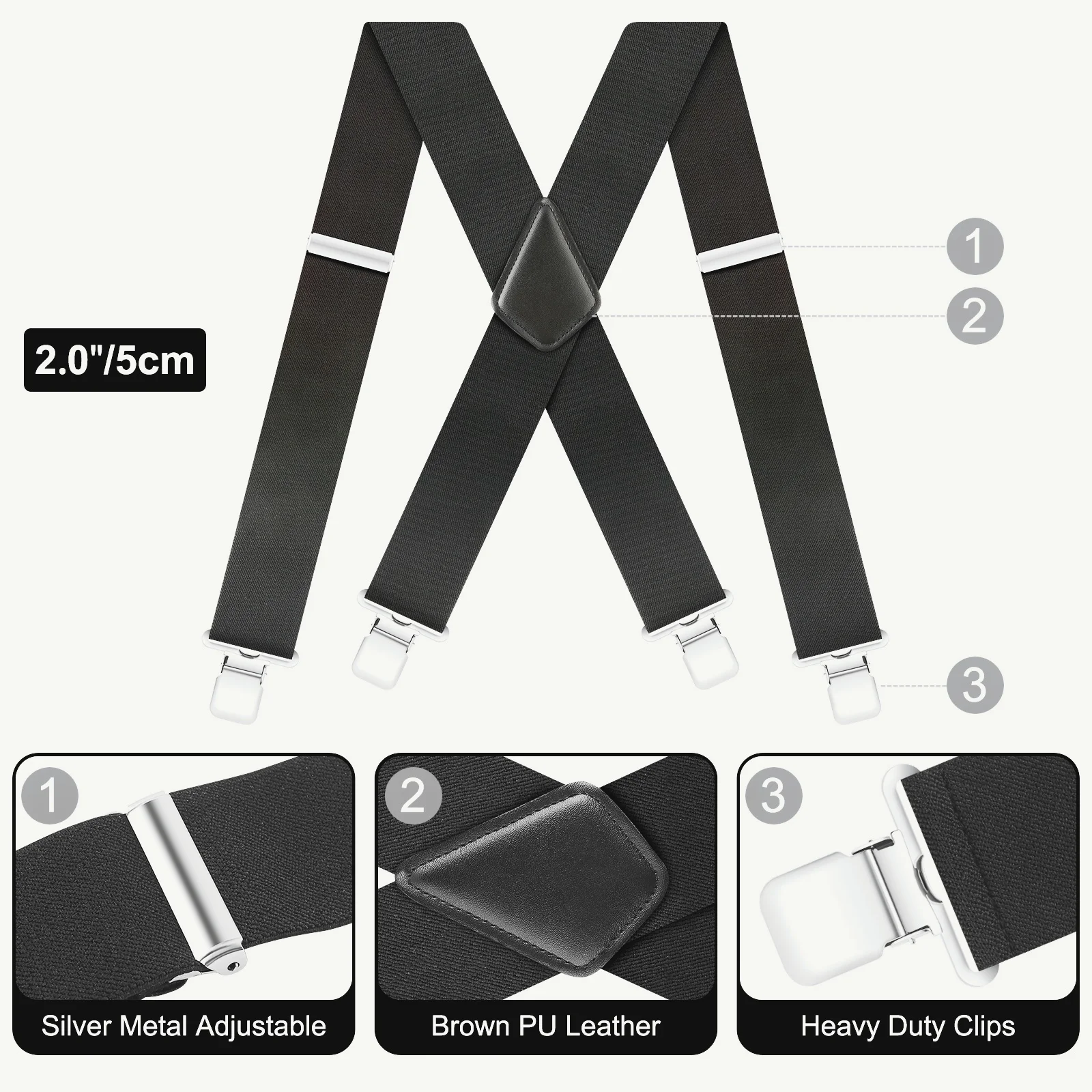 Tirantes clásicos para hombre de 2 pulgadas de ancho, clips resistentes, espalda en X, tirantes de trabajo elásticos ajustables