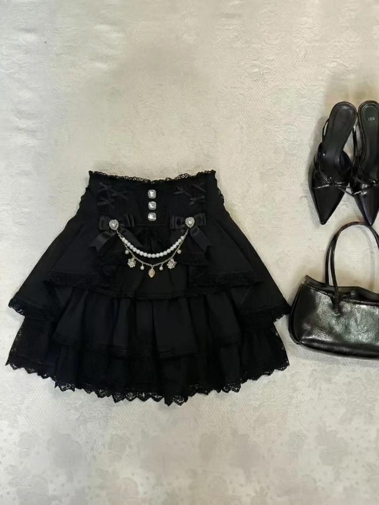 2026 Japanese Lolita High-waist Lace Cake Skirt Sweet Kawaii Bow Thin Patchwork Short Skirts Female Design Lovely France Clothes