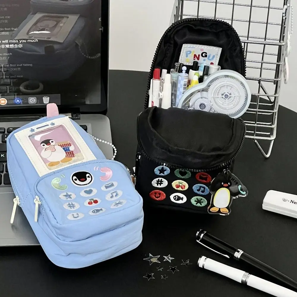 Cartoon Canvas Pen Bag Penguin Embroidery Large Capacity Pencil Case Phone Shape Stationery Pouch Students Gift