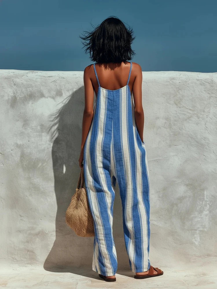 

Elegant Off Shoulder Suspender Jumpsuit Women Fashion Striped Print Street Loose Romper Casual Sleeveless Pocket Long Playsuits