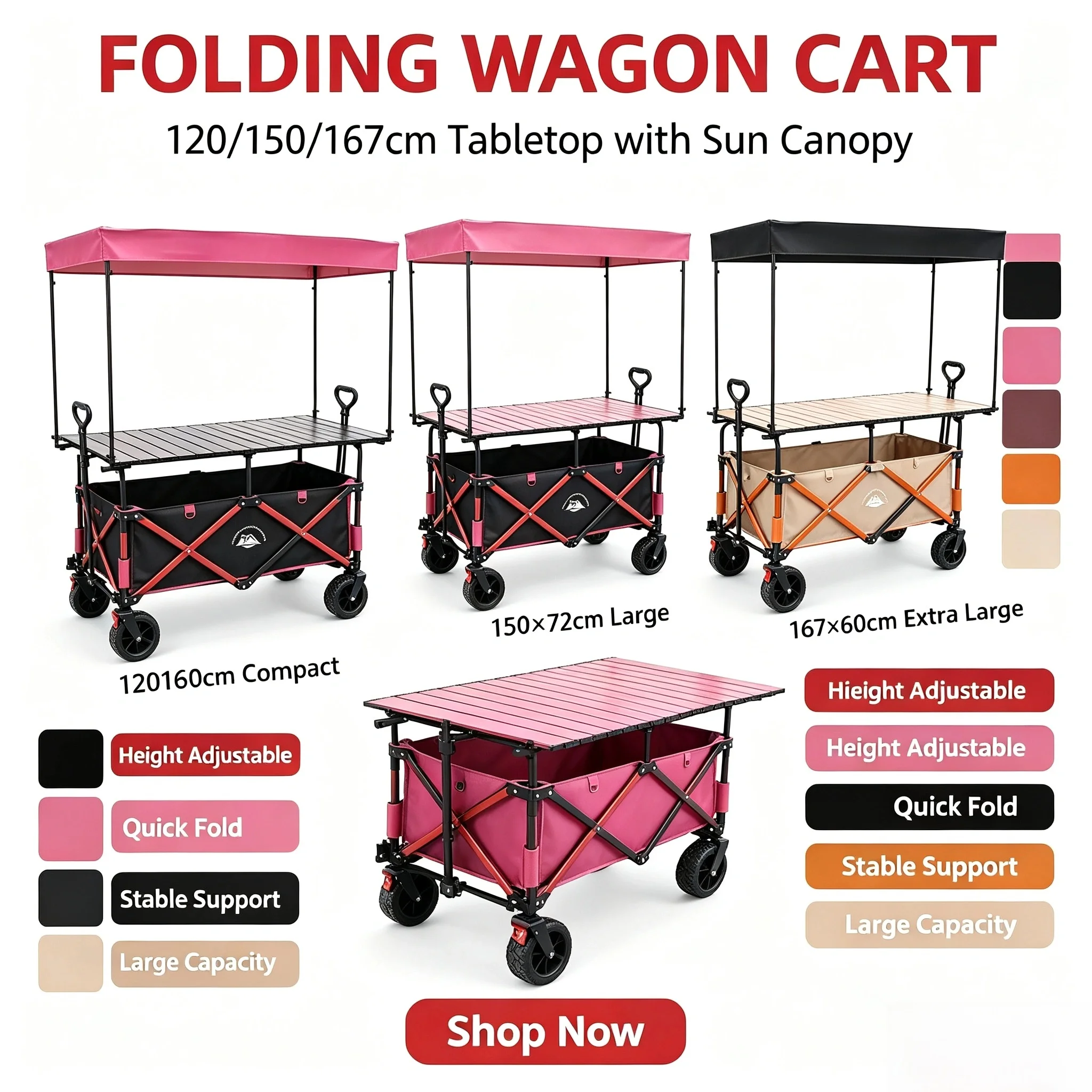 Adjustable Folding Wagon Cart 3 Sizes 120/150/167cm Tabletop Large Sun Canopy Height Adjustable Stall Camping Trolley