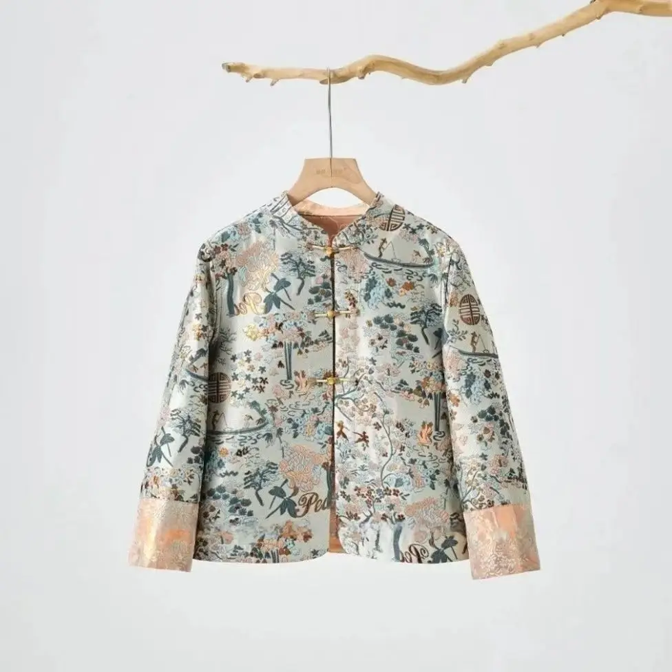 

Новинка 2023 года, пальто в китайском стиле, женская шикарная двусторонняя куртка, двусторонняя одежда, жаккардовый воротник-стойка с цветочным принтом, блузка с длинными рукавами, топ