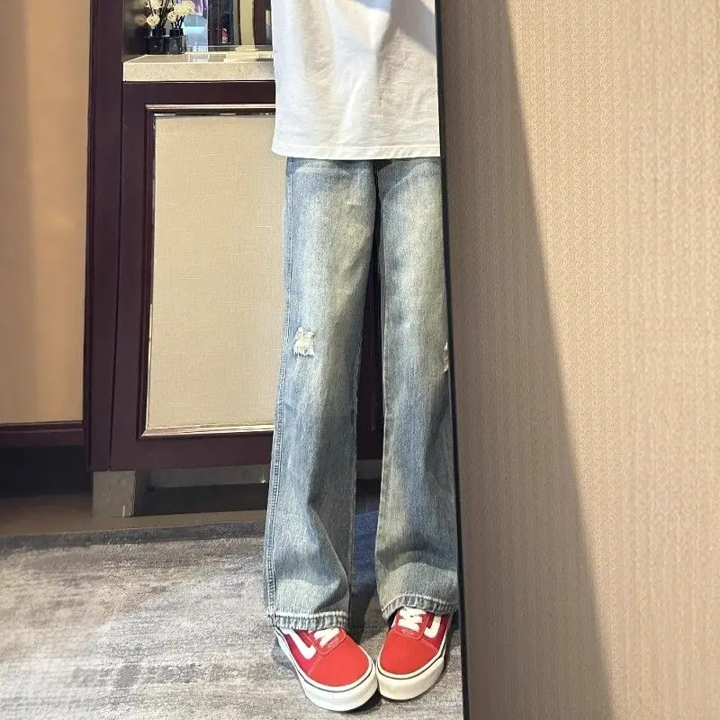 

Washed American Style Men's And Women's Jeans Vintage Ripped Loose Straight Leg Trousers Youth Fashion Casual Cotton Polyeste...