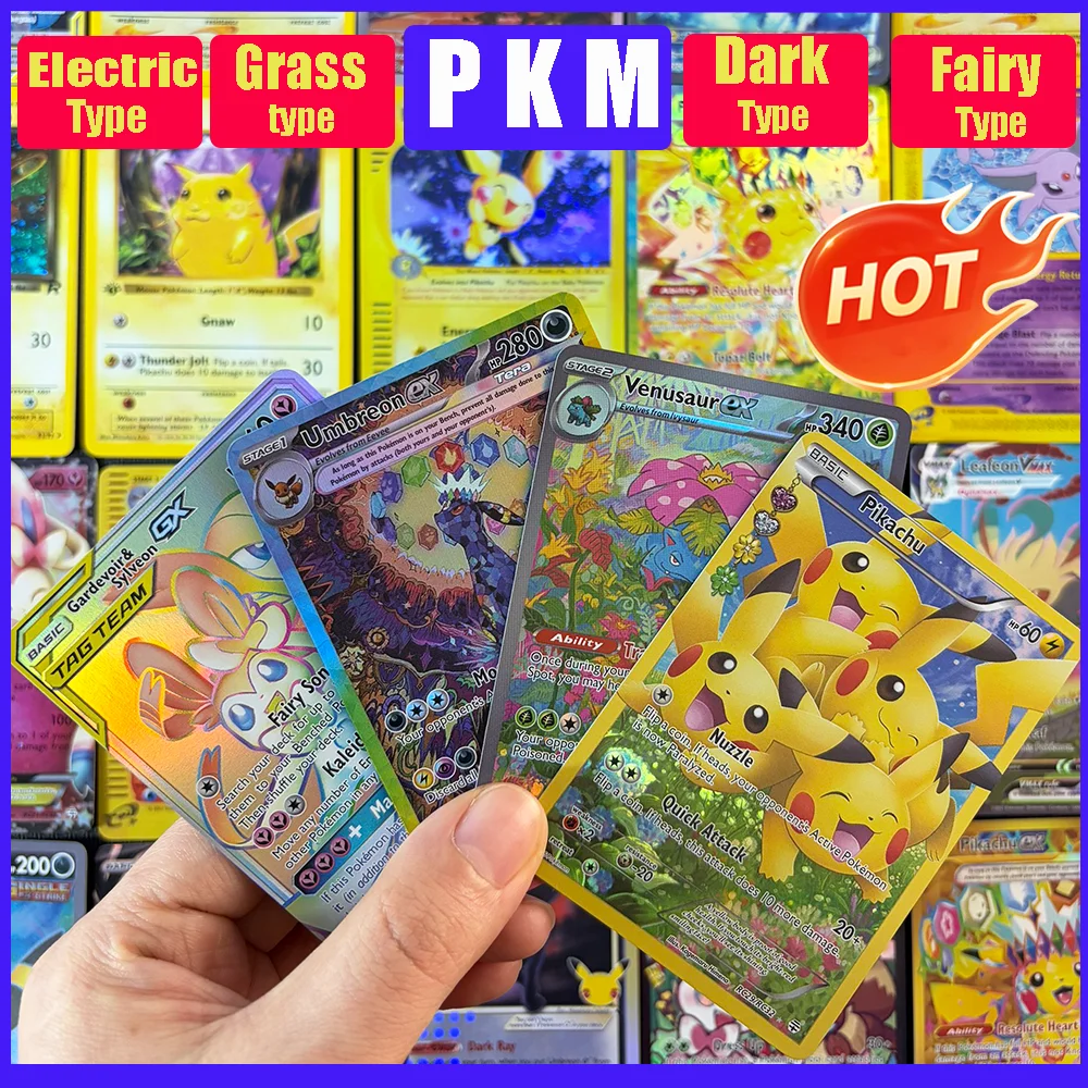 Cartão de Jogo PKM Proxy Umbreon Venusaur Scyther Supreme Puff TAG Pikachu Zapdos Tipo Grama/Escura/Fada/Elétrico PTCG