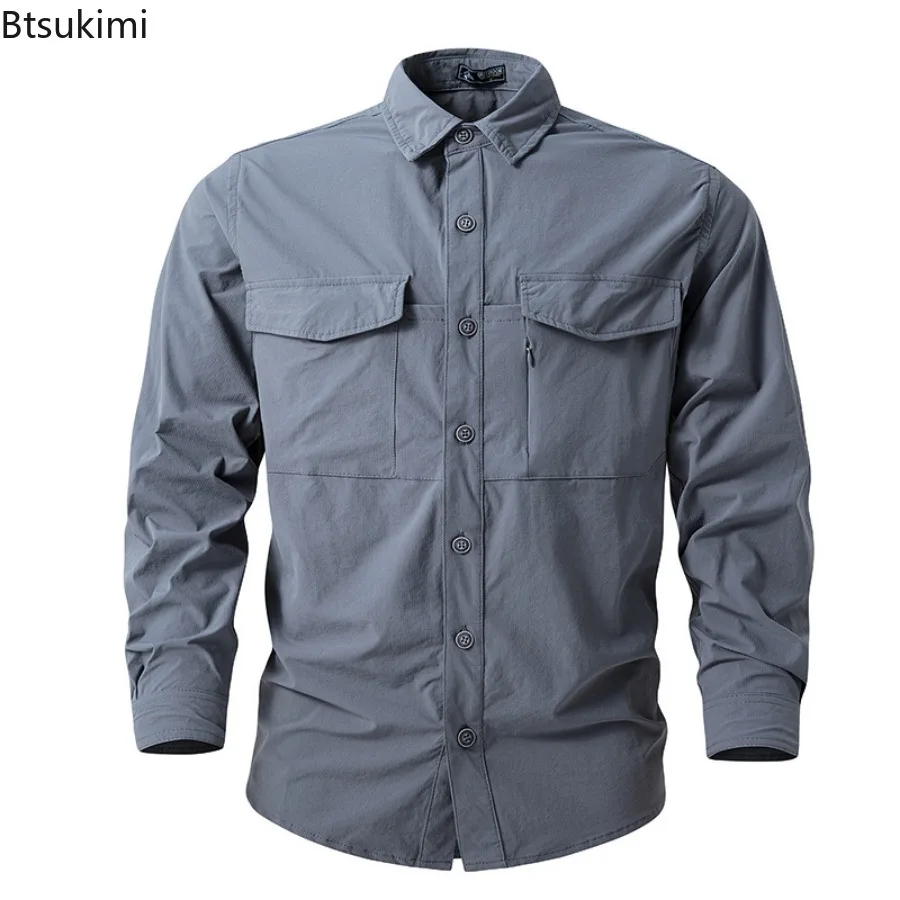 2025Men's Spring Long Sleeve Outdoor Shirts Solid Quick Drying Sports Clothing for Men Wear Tactical Combat Camping Cargo Shirts