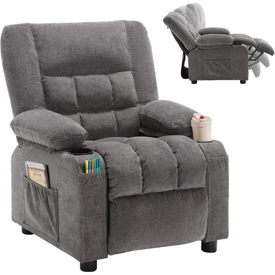 

Recliner Chair with Adjustable Footrest and Headrest for Toddlers Aged 3+ Years Push Back Design Featuring Cup Holders and Side