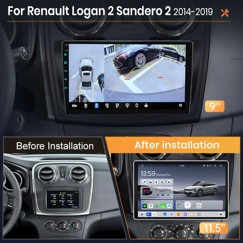 AWESAFE Radio Android de 9 pulgadas para Renault Logan 2 Sandero 2012-2019, CarPlay inalámbrico y Android Auto, navegación GPS, soporte multimedia, control del volante, amplificador de subwoofer, cámara trasera, Plug and Play, DAB+, autoradio digital, radio de coche 2 DIN, estéreo RDS DSP 2