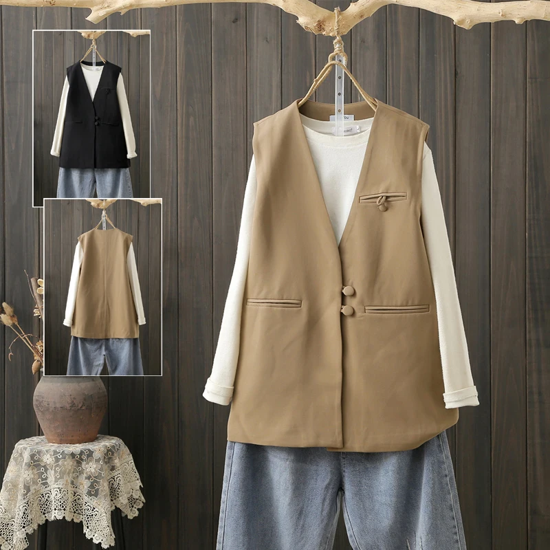 Loose Fit Korean Style Women's Jacket Vest Outerwear Cotton Button up V-Neck Mid-Length Fashion Trend Spring Autumn