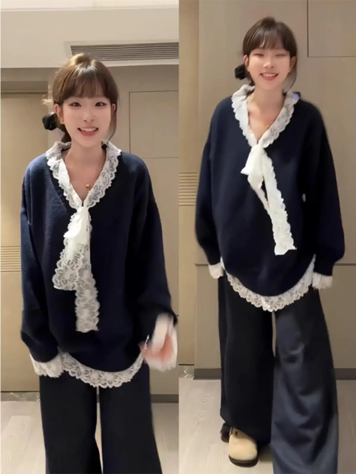 

Корейский кружевной свитер V-Ne Long Sve, женский свободный топ на осень, повседневный утягивающий уникальный дизайн