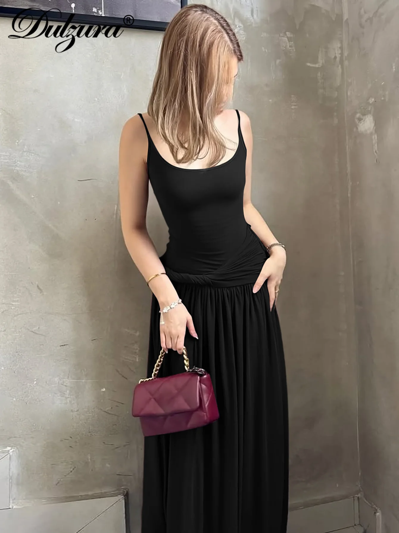 Dulzura Senza maniche Backless Aderente Increspato Cami Abito lungo a pieghe Solido Sexy Elegante Maxi Dress Party Club Street Summer Outfit