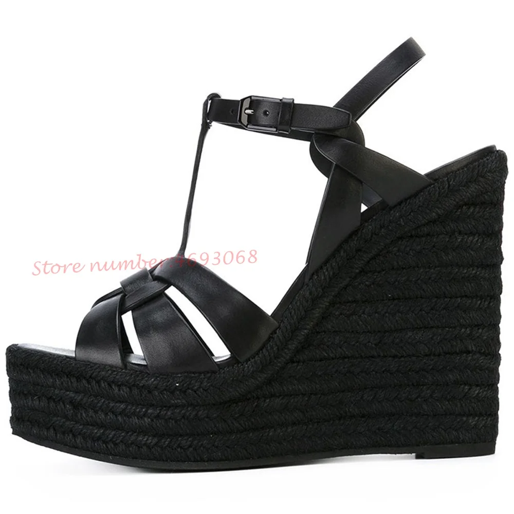 T-strap Wedge Platform Sandals Women Braided High Heels Height Increasing Peep Toe Summer Leather Shoes Bukcle Strap Sandals