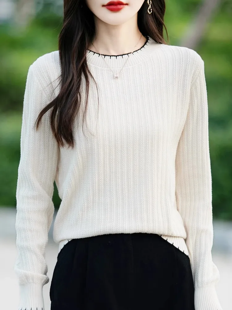 Sweter damski z okrągłym dekoltem, wykończony koronką, bawełniany, jesienno-zimowy, nowy, modny, dzianinowy top do noszenia pod spód.