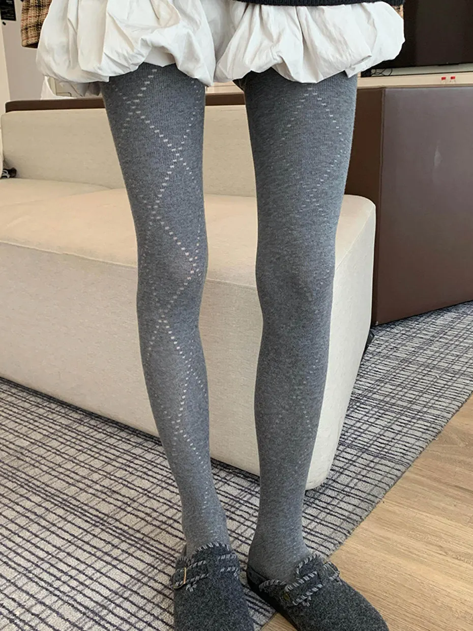 High Waist Diamond Pattern Tights Long Pants Casual Polyester Fiber Underwear for Young Women 18-24 Years Old