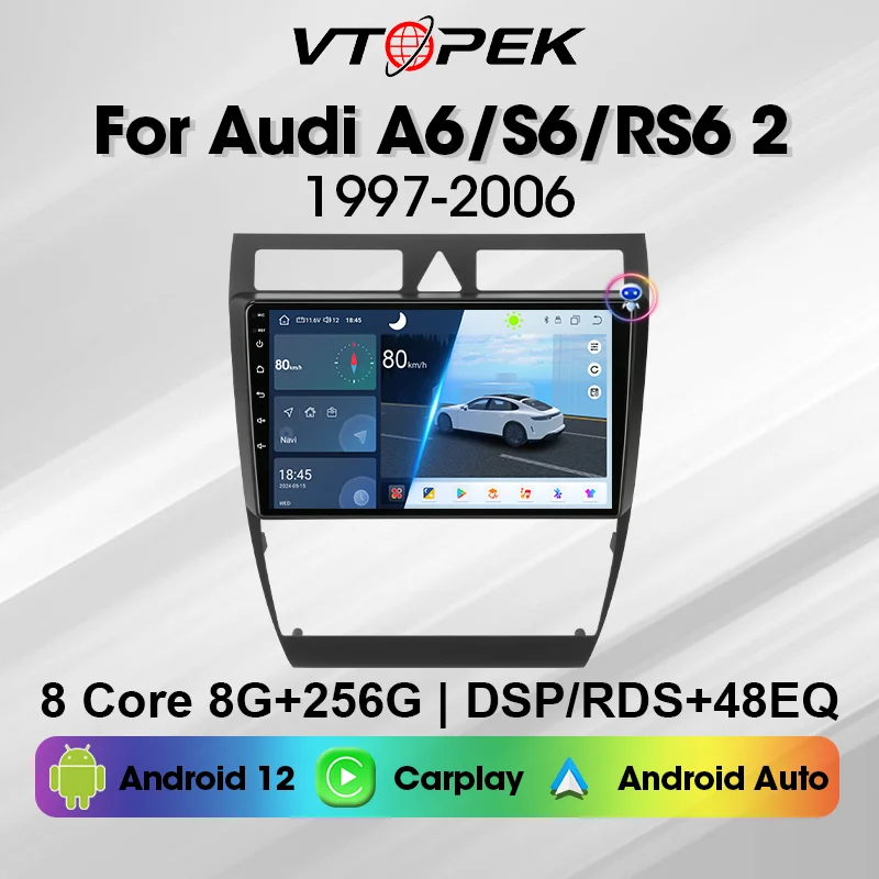 Vtopek 2 Din Android 12 Car Radio Audi For A6 C5 1997-2004 S6 1999-2004 RS6 2002-2006 Multimedia Player Carplay Stereo GPS ADAS