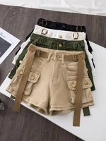 Retro Army Green Work Wear Denim Shorts New Summer Cool Girl Chic Belt Pocket Design High Waist Dance Ultra Short Hot Pants 2