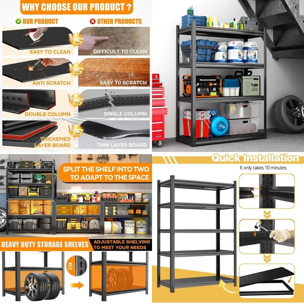 

40W x 63H Adjustable 4-Tier Garage Storage Shelf, Large Utility Organizer, Deep Shelves, Black