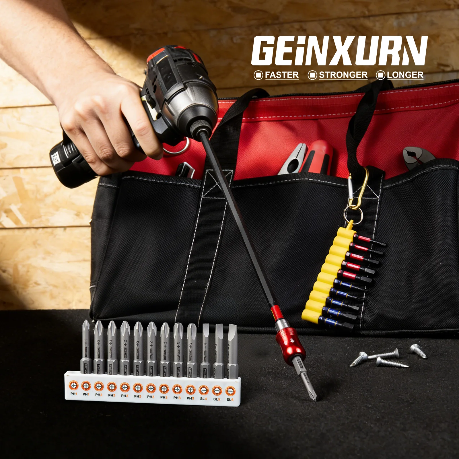Geinxurn 24Pcs Impact Magnetic Locking Bit Holder Set with 300 mm Extension and Coded Base for Auto Repair and Home Use