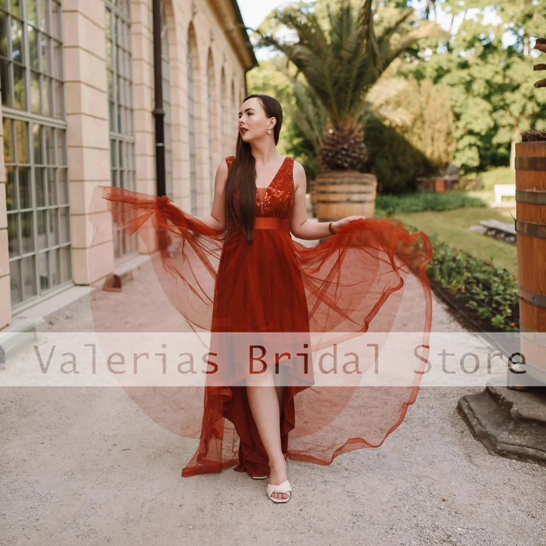 Vestido de tul sin mangas con cuello en V Alto y Bajo Para mujer, traje de noche Formal, Para fiesta de boda, Para Niñas, rojo, 2024