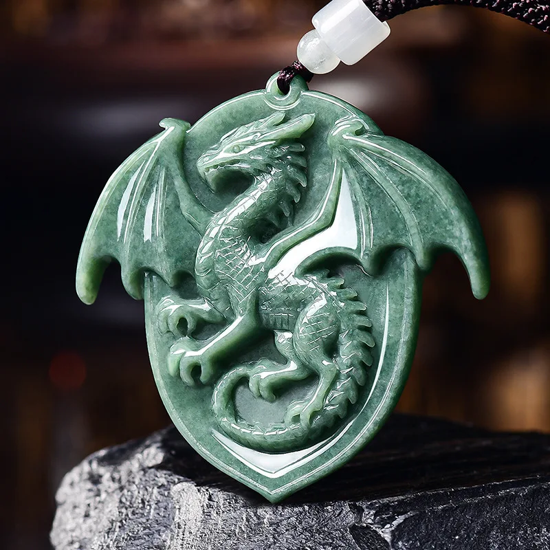 Natural Emerald Green Three-Dimensional Pterosaur , Bean Jadeite Amulet, Unique and Dominant Men's Pendant