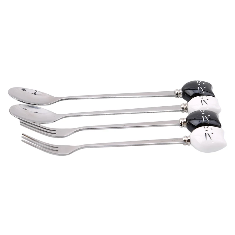 1pc Cartoon Cute Cat Fork Stainless Steel Long Handle Stirring Spoon Fruit Fork Coffee Spoon Ceramic Handle