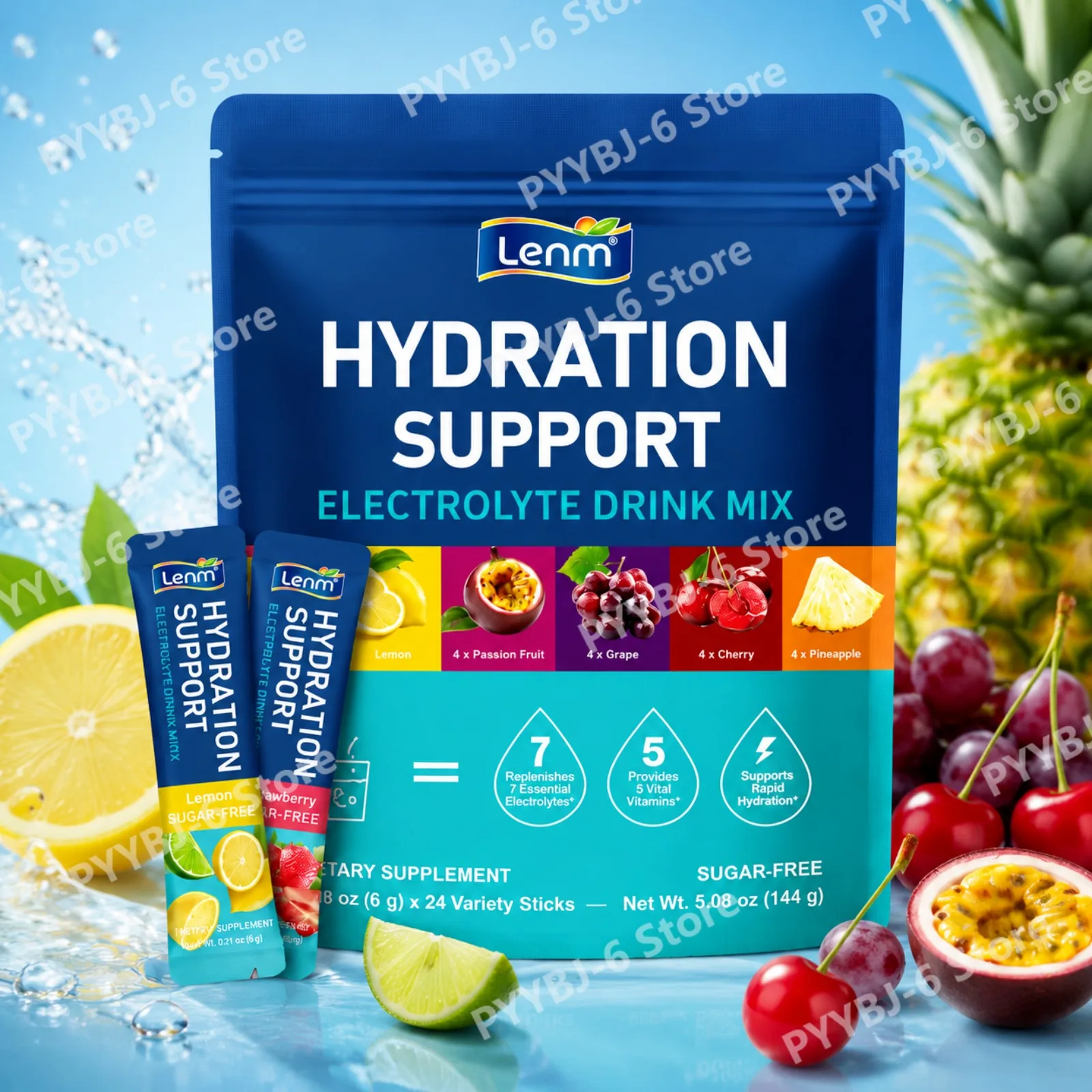 Lenm Electrolyte Supplement Powder Sugar Free Vegan for Hydration, Energy, Fluid Balance & Muscle Function Support 24 Sticks
